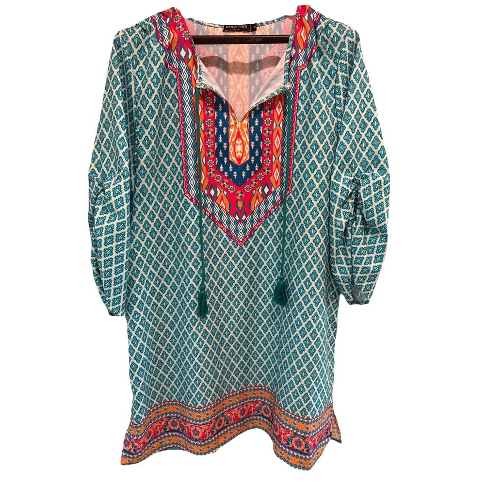 Urban Coco Tunic Dress Size XL Colorful Blue Ruched 3/4 Sleeves Boho Shirt Dress
